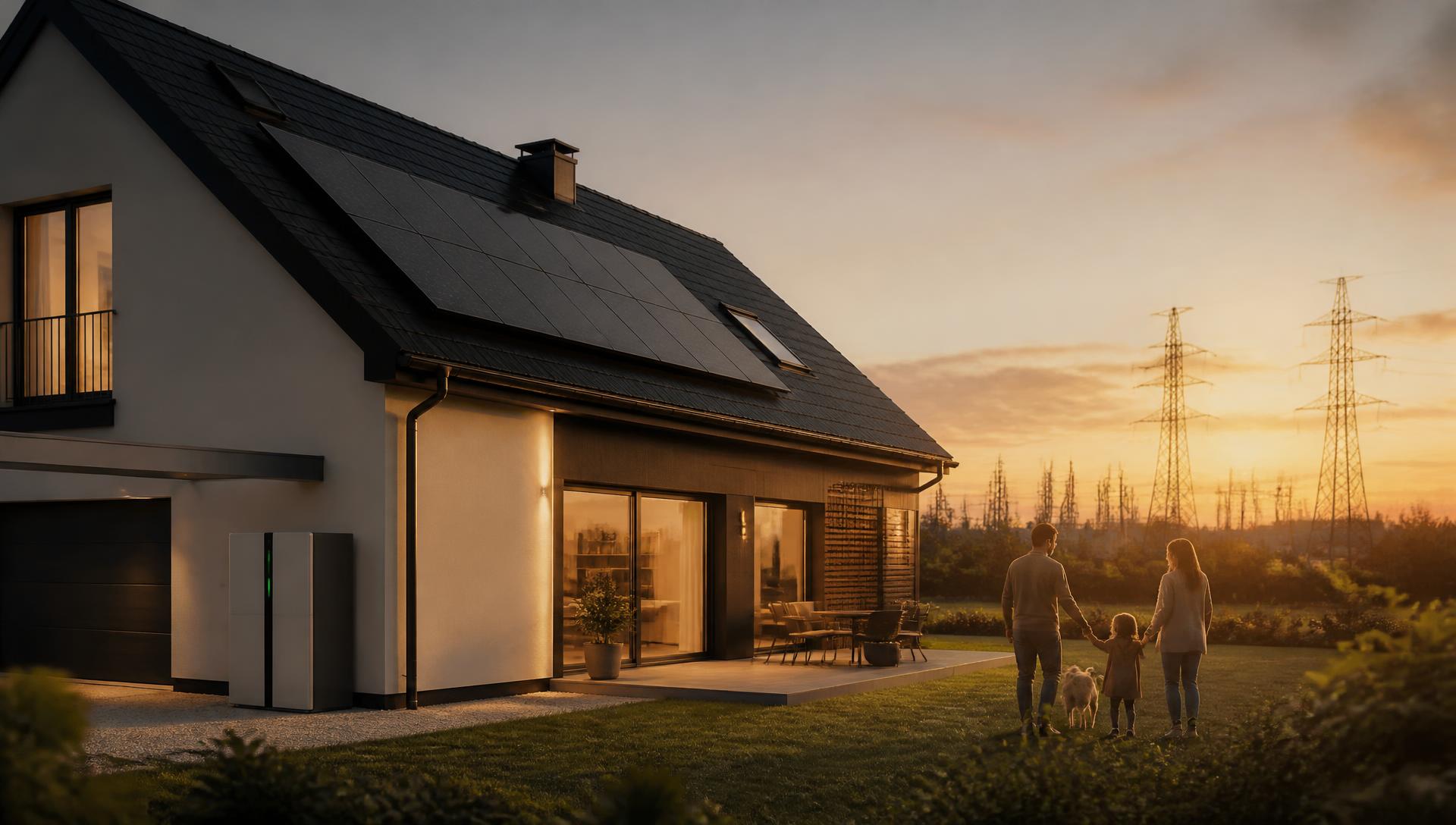 Nowoczesny dom z instalacją fotowoltaiczną i magazynem energii o zachodzie słońca